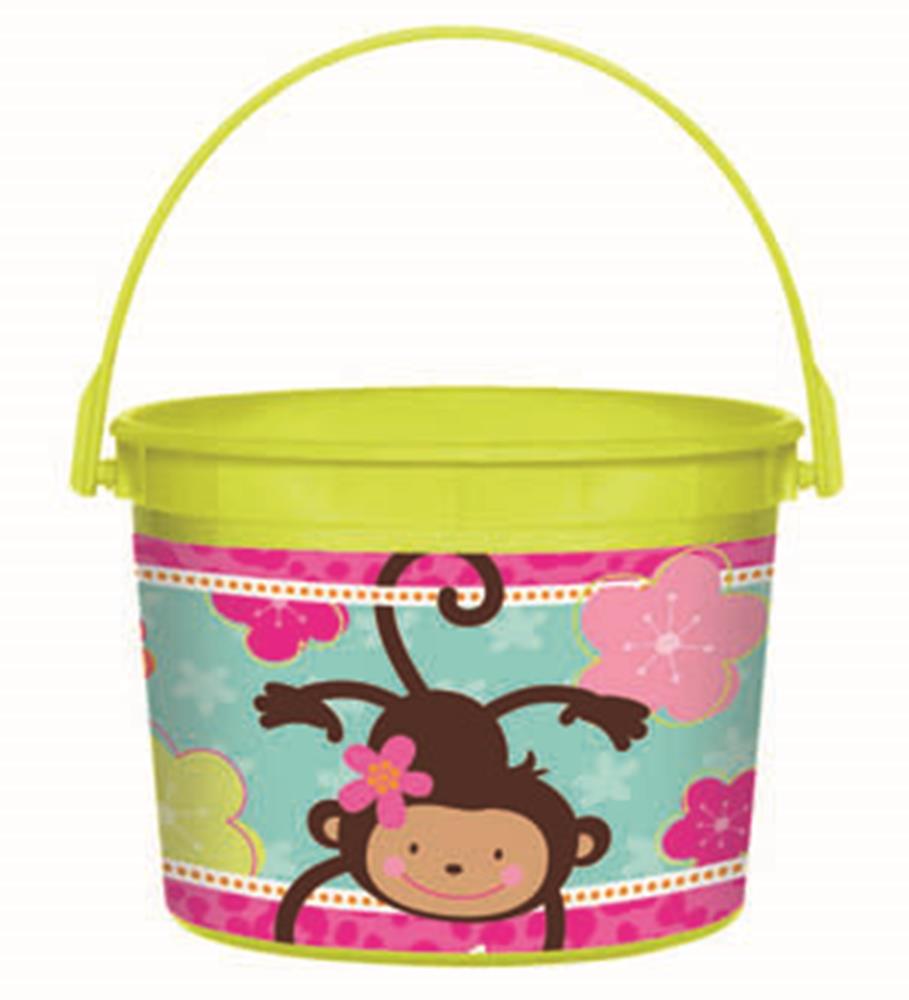 Bright yellow plastic bucket with a smiling cartoon monkey and pink flowers on a blue background, featuring a yellow handle.