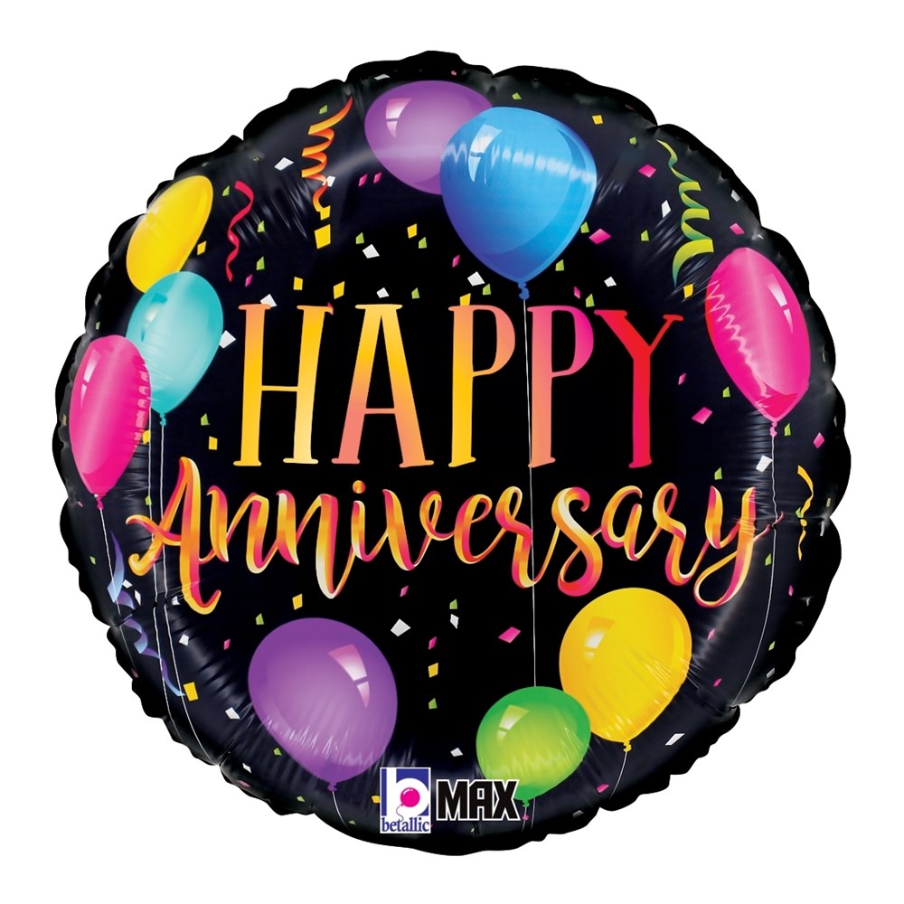 18-inch round black foil balloon with colorful balloons and confetti design, gold and pink "Happy Anniversary" text.