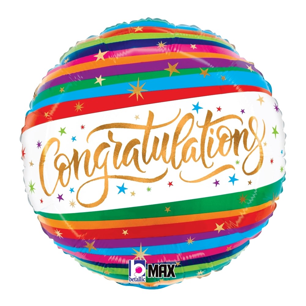 Round foil balloon with colorful horizontal stripes and gold "Congratulations" text surrounded by stars and confetti designs.