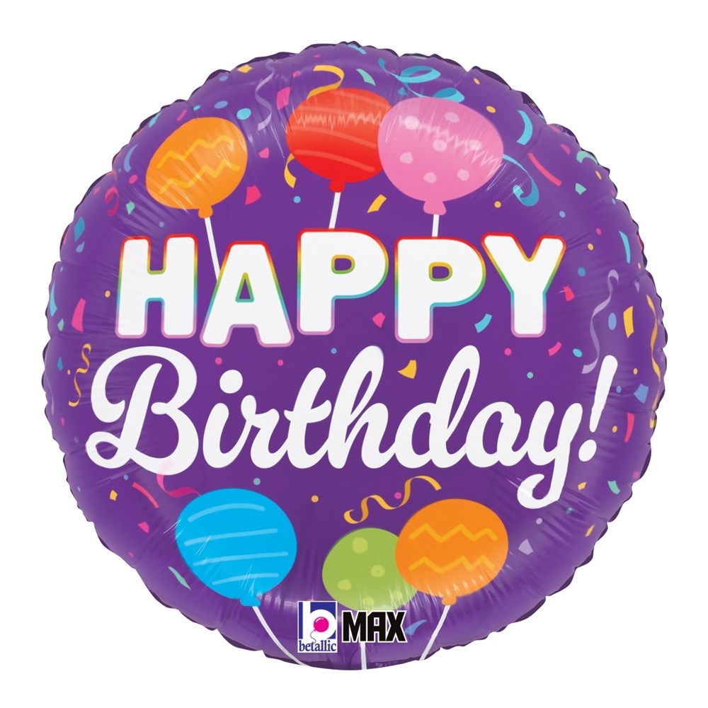 Purple round foil balloon with colorful lollipops and "Happy Birthday!" text in white and rainbow colors.