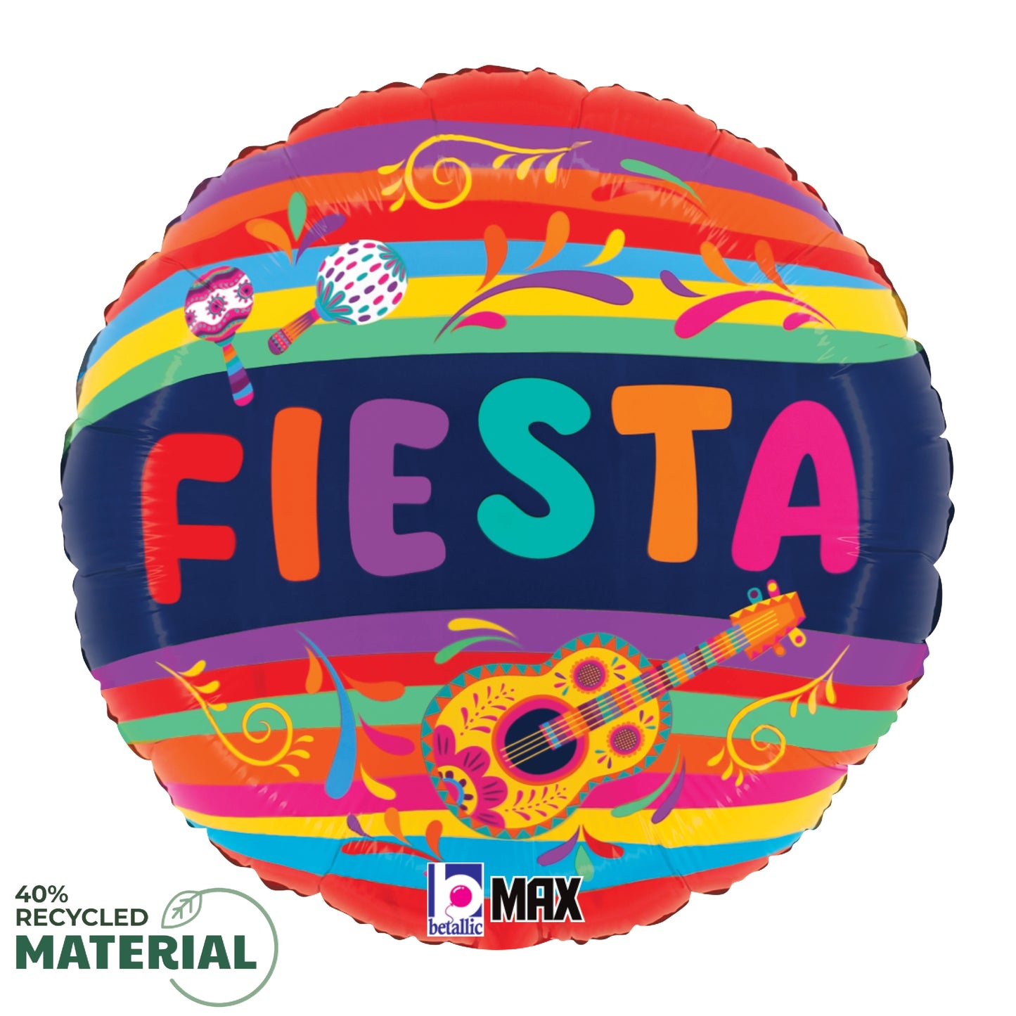 Round foil balloon with colorful stripes, decorated with a guitar and maracas, and bold "FIESTA" text.