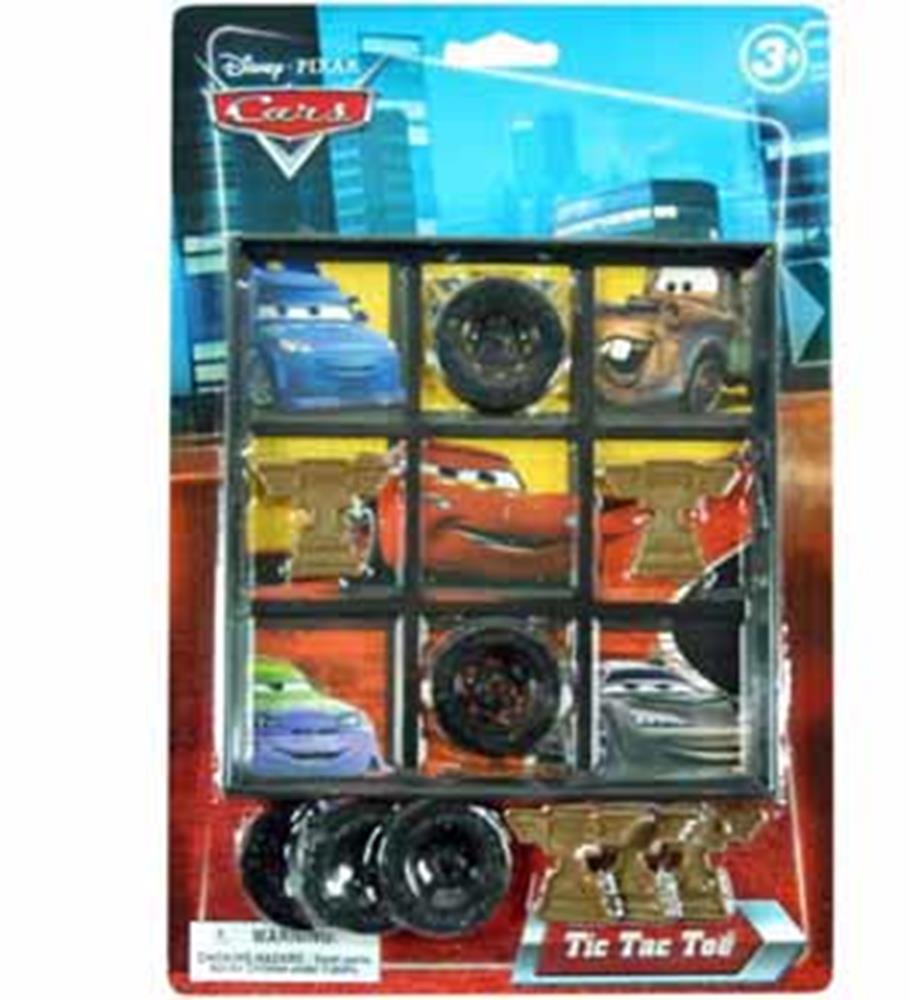 Disney Cars-themed tic tac toe game with nine square grid and black plastic car-shaped playing pieces.