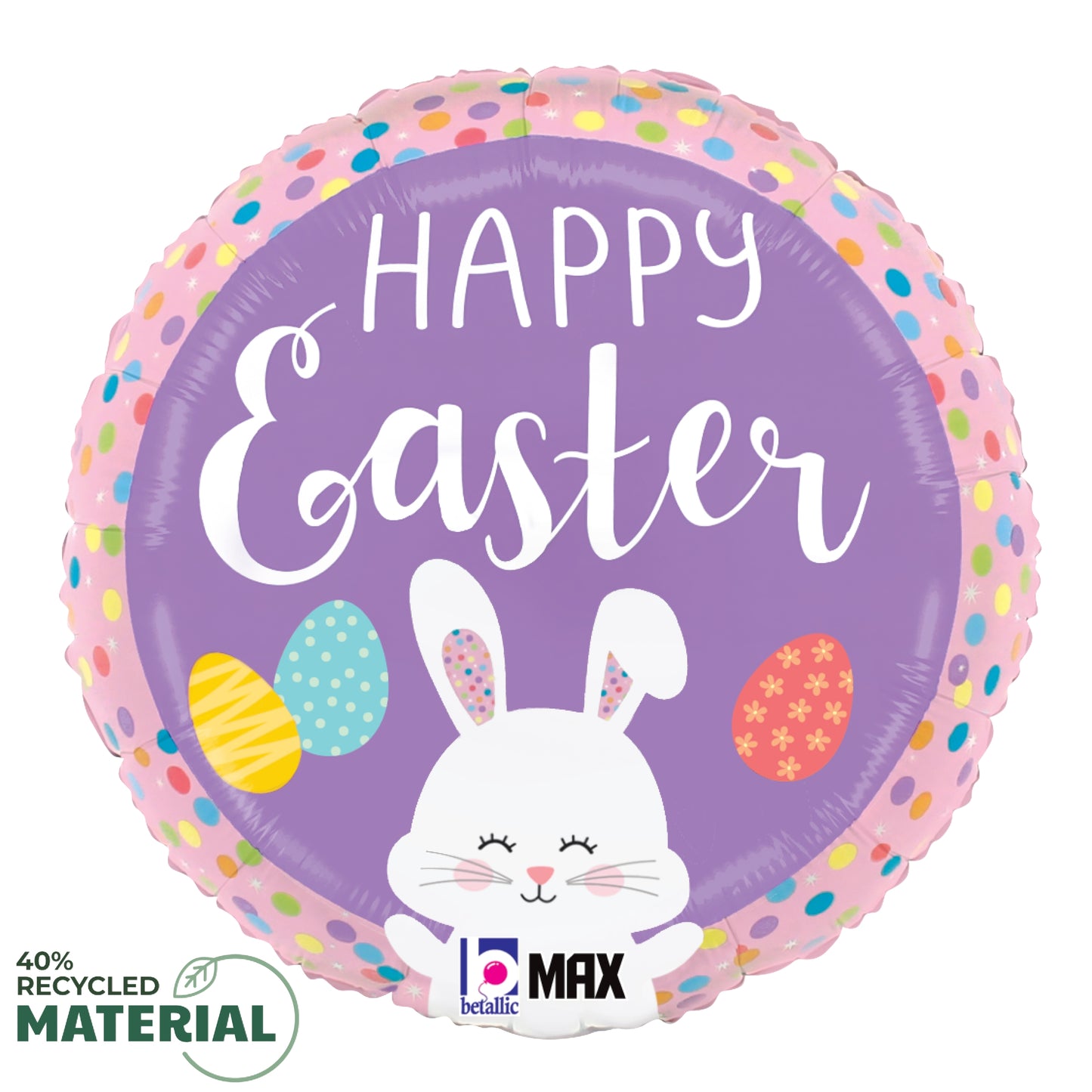 18-inch round purple foil balloon with Easter bunny and colorful polka dots design.