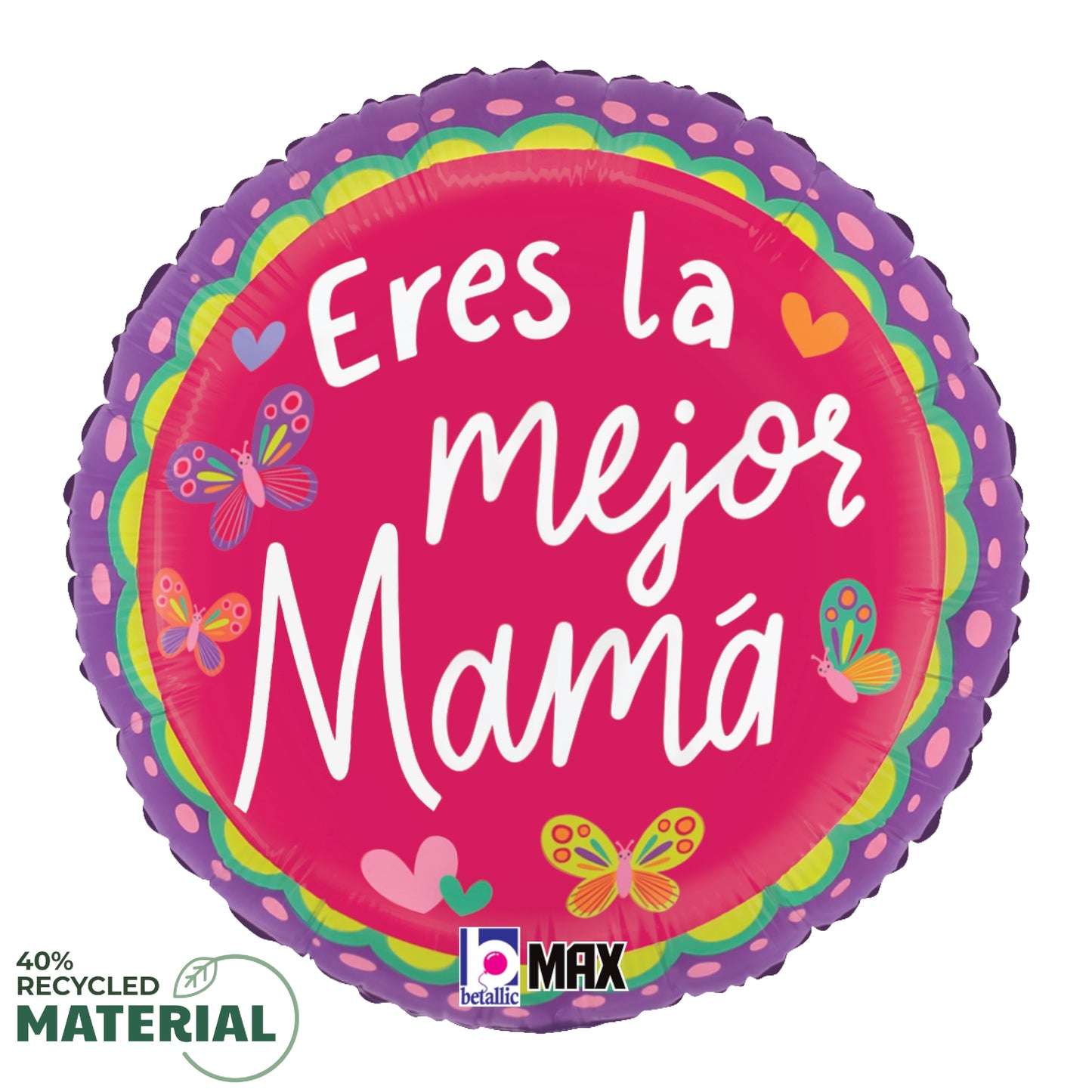 Round pink foil balloon with purple scalloped edge, colorful butterflies, and white Spanish text "Eres la mejor Mamá".