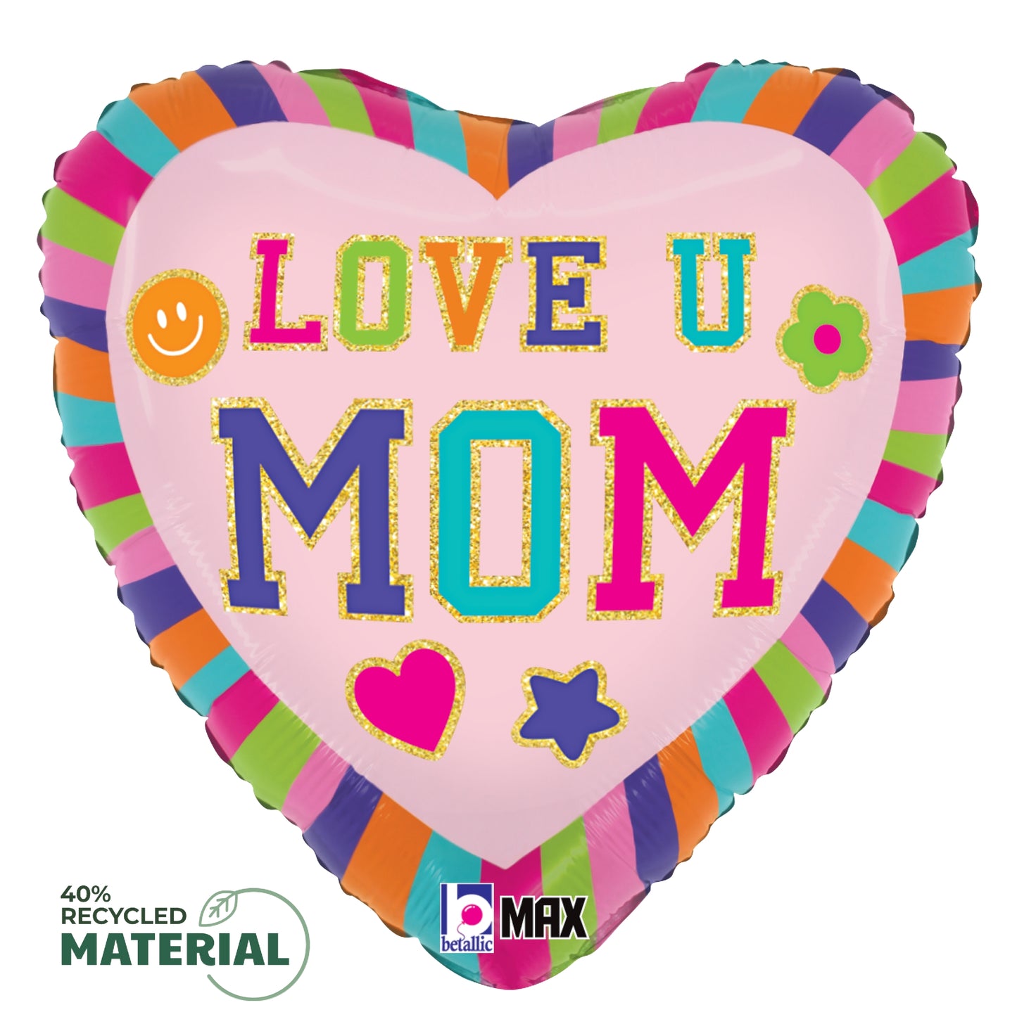 18-inch heart-shaped pink foil balloon with colorful "LOVE U MOM" text and multicolor striped border.