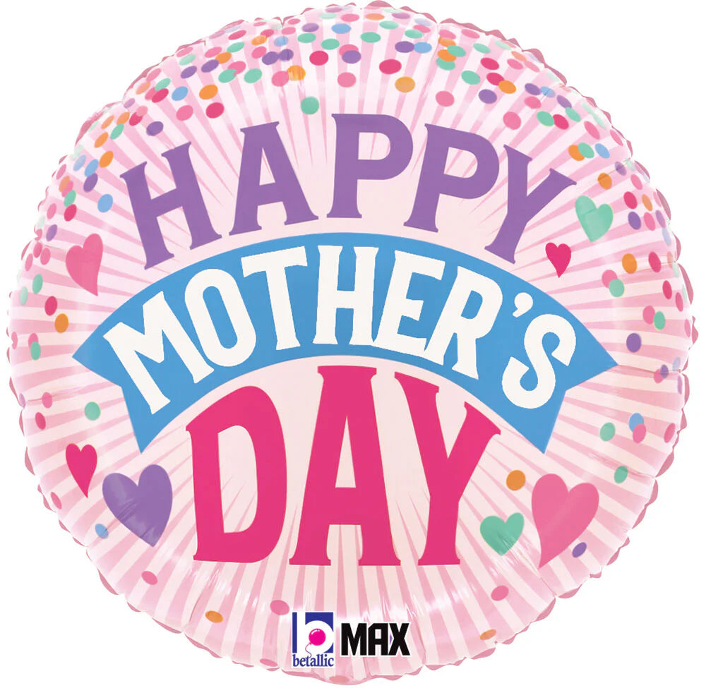 Pink round balloon with multicolored hearts and confetti, "Happy Mother's Day" in purple, white, and red letters.