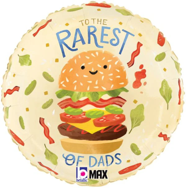 Round cream-colored balloon with a smiling cheeseburger graphic, colorful lettuce, bacon, and tomato accents, and blue text.