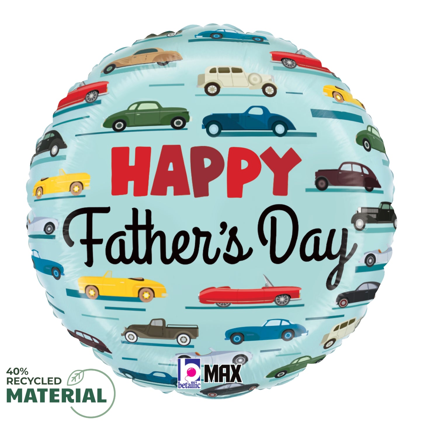 18-inch round blue balloon with colorful classic cars and red "Happy Father's Day" text.