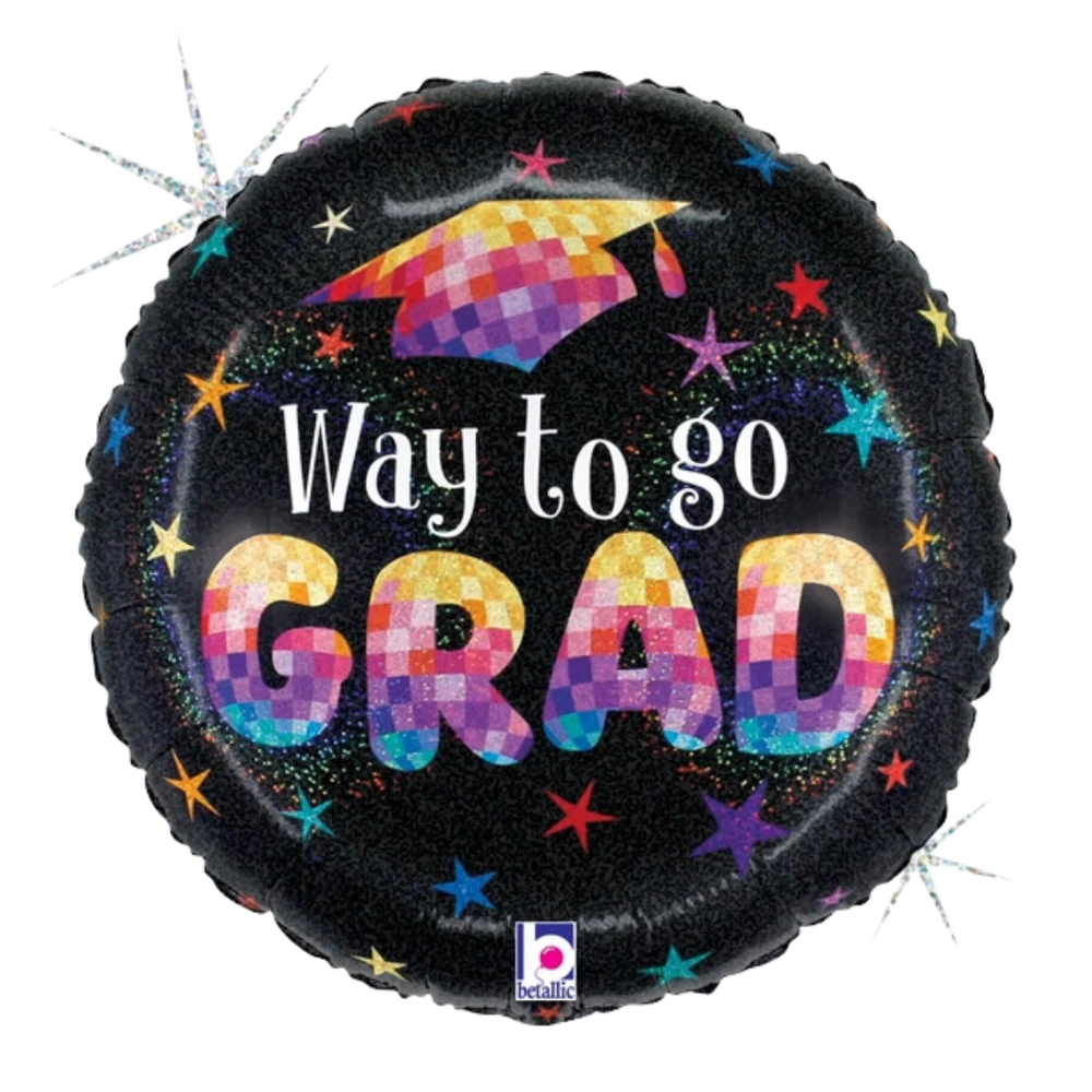 18-inch round black graduation balloon with holographic glitter stars and colorful disco ball cap design, "Way to go GRAD".