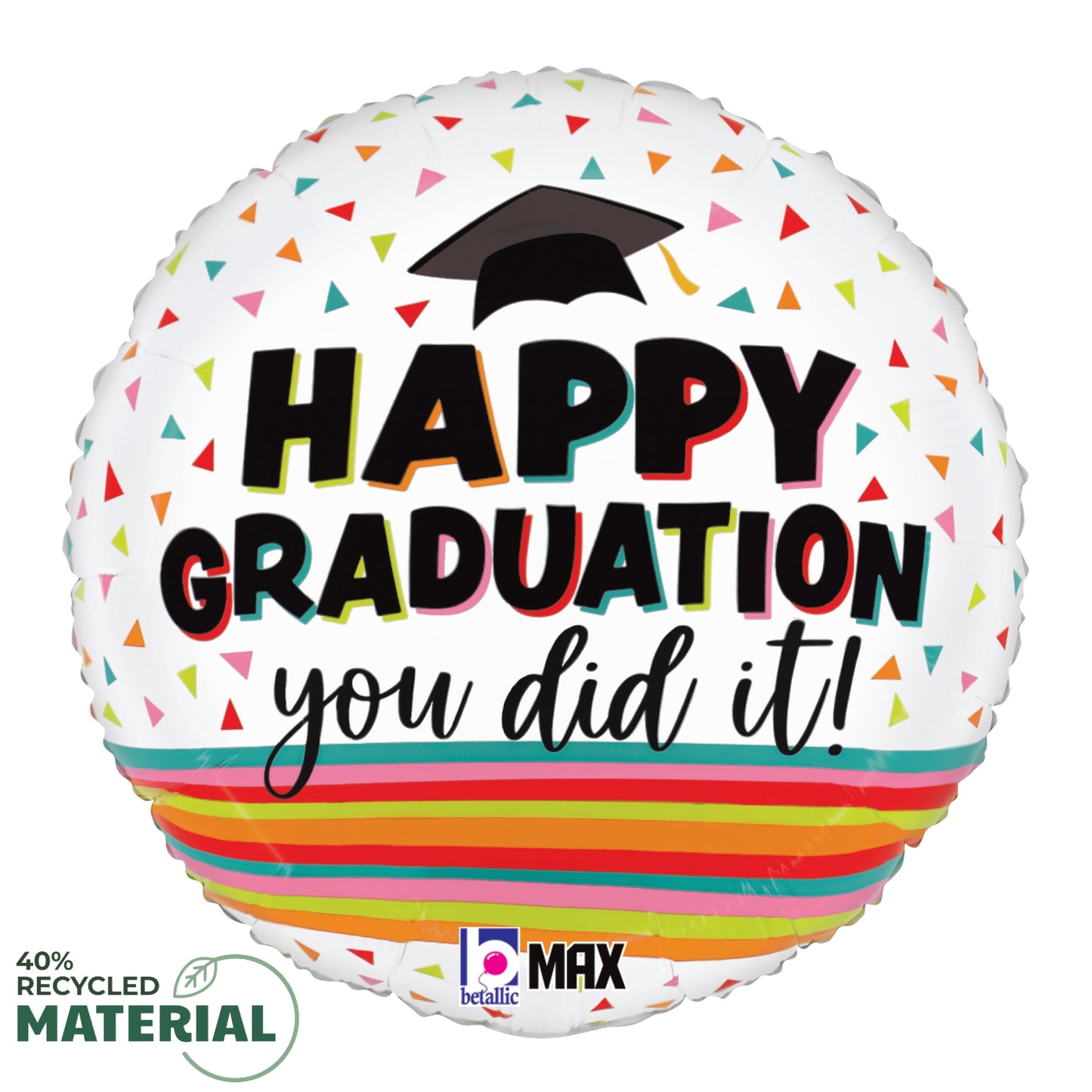 Round white foil balloon with colorful confetti, black graduation cap, and "Happy Graduation You Did It!" text.
