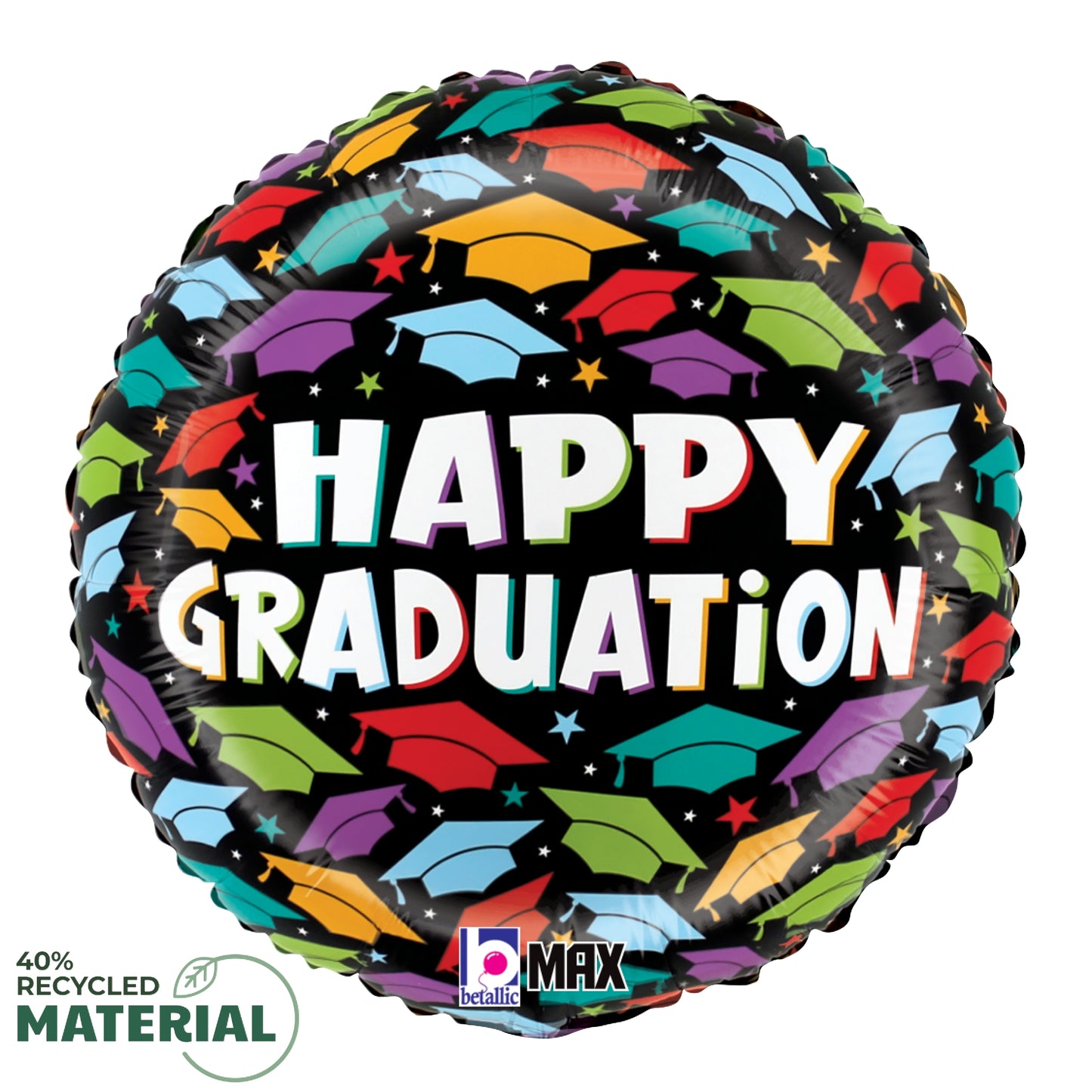 Round black foil balloon with colorful graduation caps and white "Happy Graduation" text.