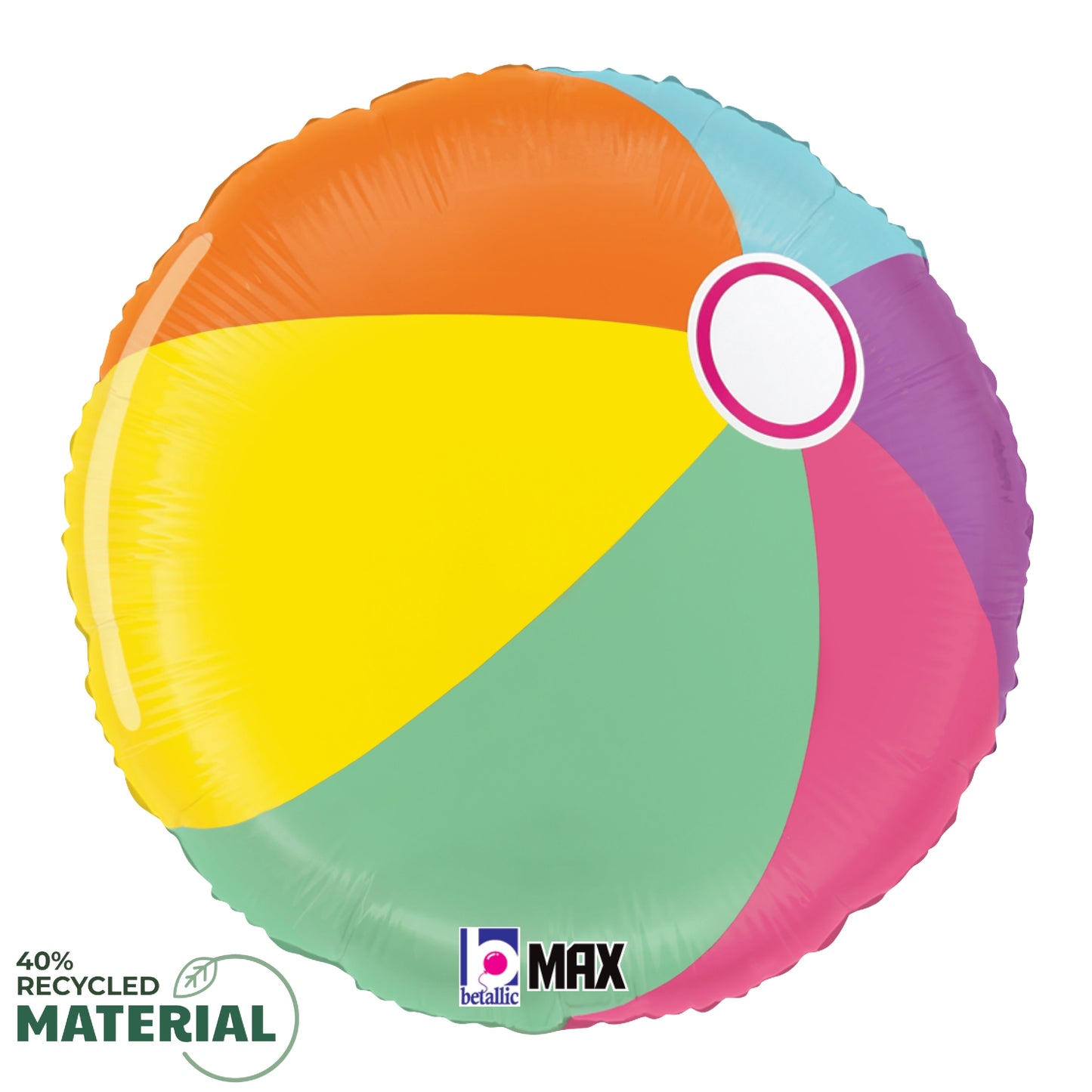 18-inch round foil balloon with colorful beach ball design in orange, yellow, green, pink, blue, and purple sections.