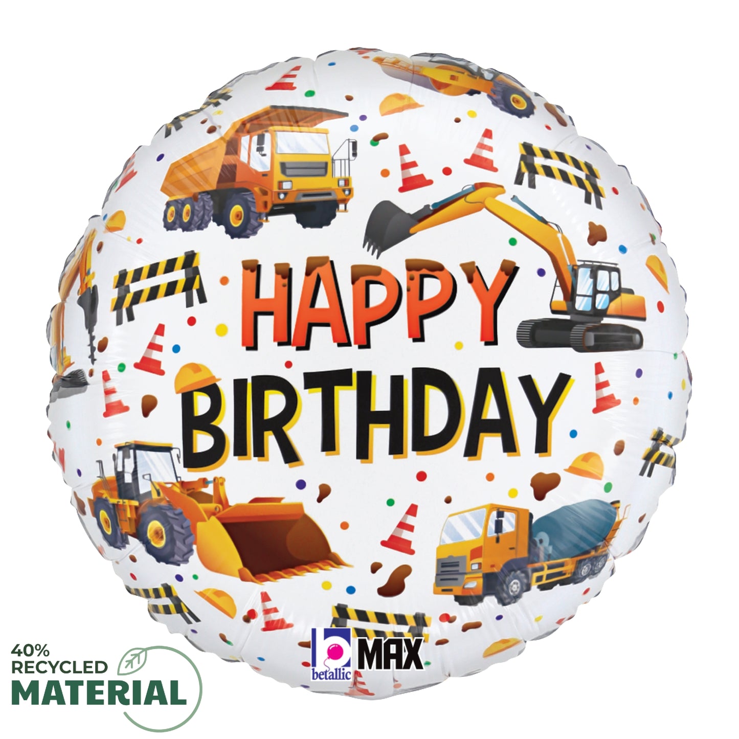 Round white foil balloon with colorful construction vehicles and "Happy Birthday" in bold orange and black letters.