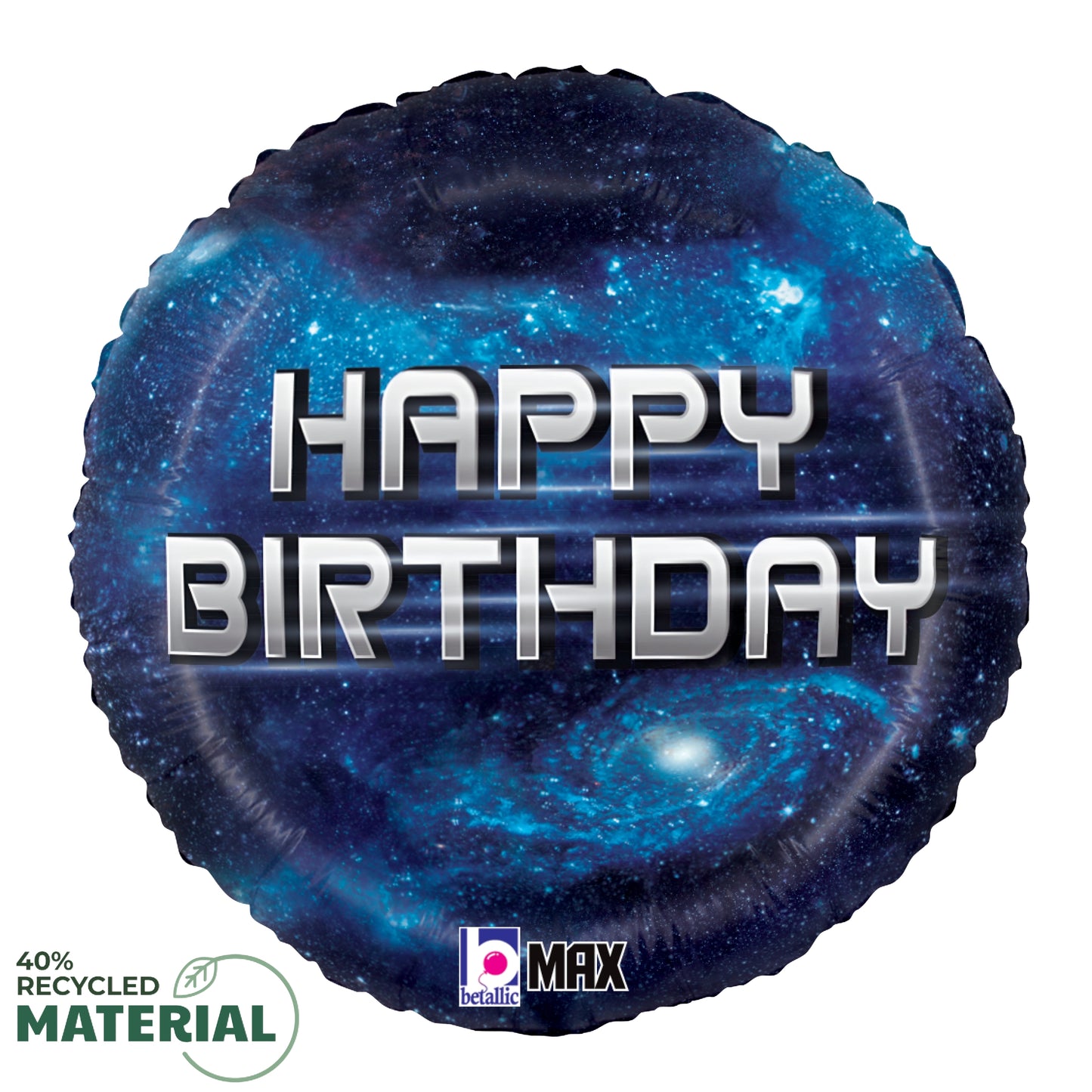 Round 18-inch foil balloon with blue galaxy design and silver "Happy Birthday" text.
