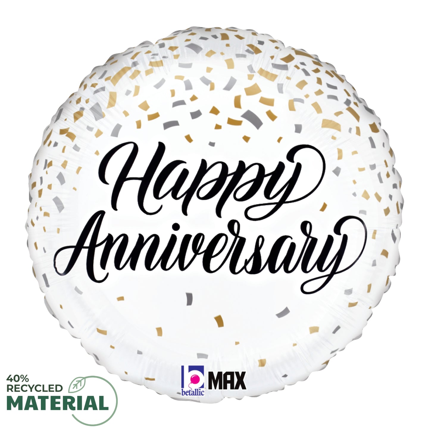 18-inch round white metallic balloon with gold and silver confetti and "Happy Anniversary" in black script.