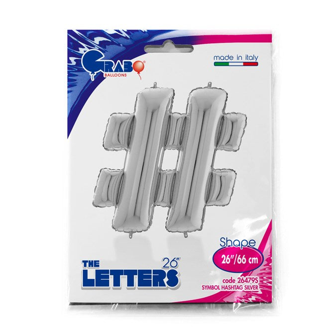 Silver foil balloon shaped like a hashtag symbol measuring 26 inches.