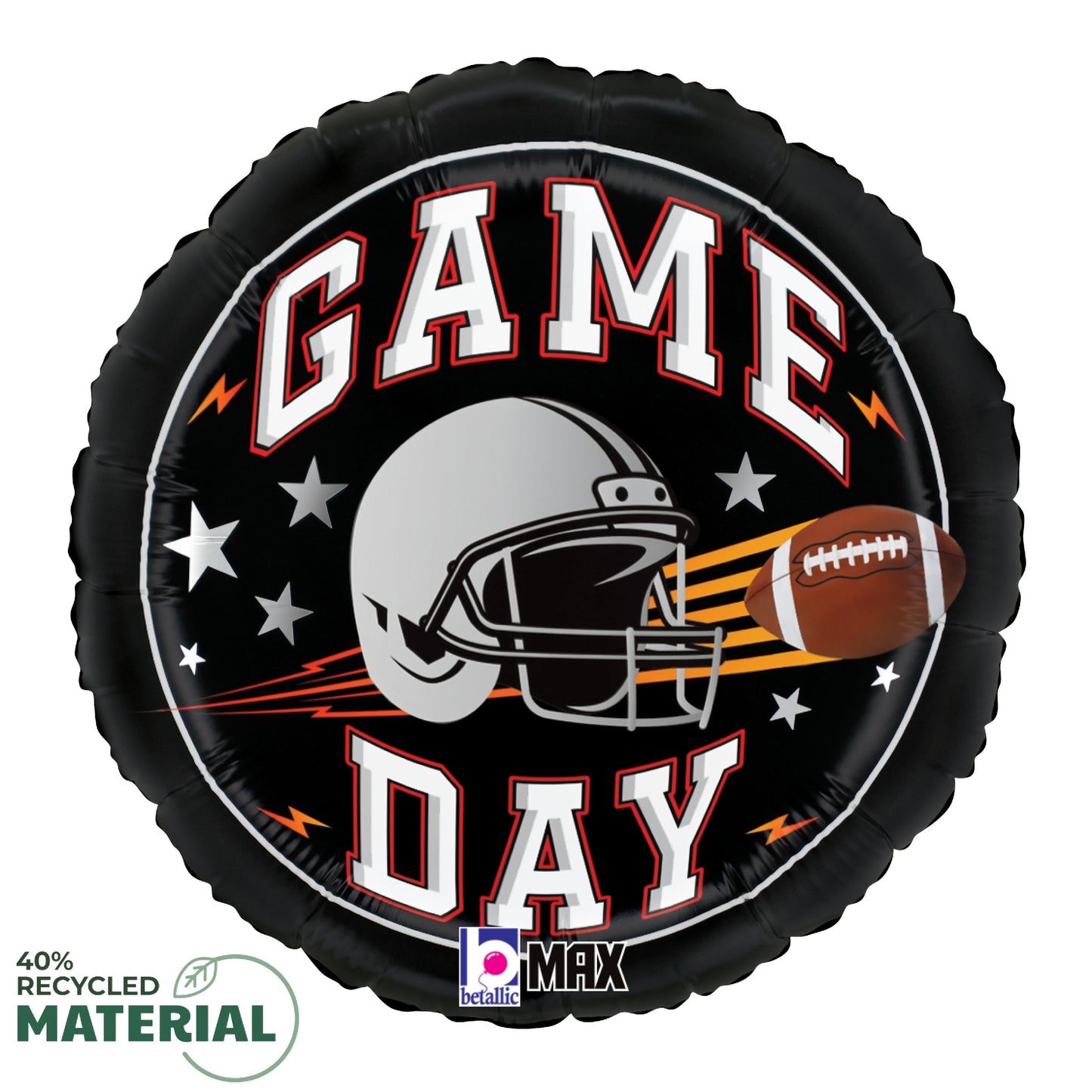 Round black foil balloon with white and red "GAME DAY" text, gray football helmet, and brown football graphic.