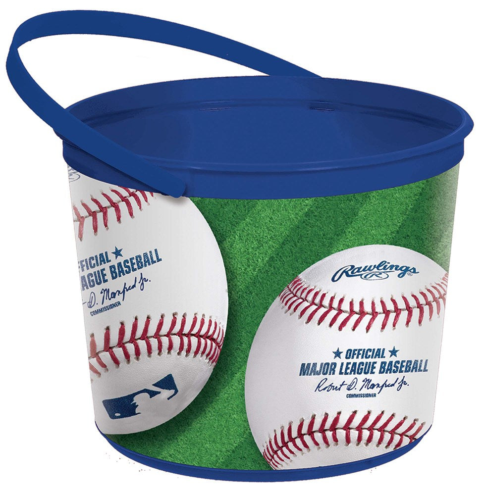 Round plastic favor container with blue lid and handle, decorated with MLB baseball graphics and green background.