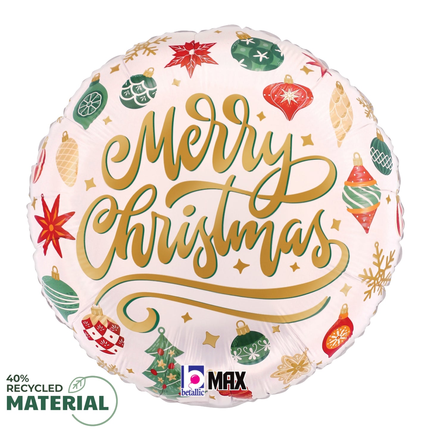 Round white foil balloon with gold "Merry Christmas" script and colorful vintage Christmas ornaments design.