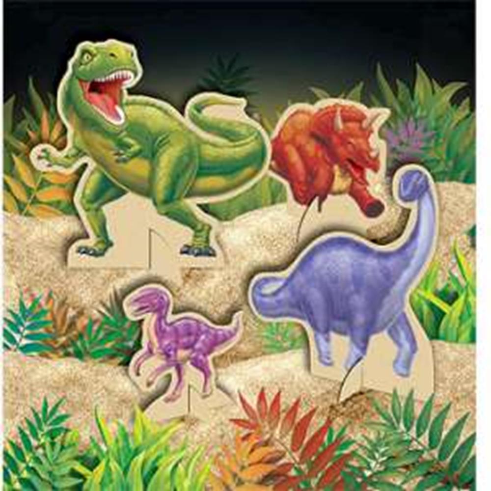 Colorful dinosaur centerpiece with green T-Rex, red Triceratops, purple Velociraptor, and blue Brontosaurus on rocky base.