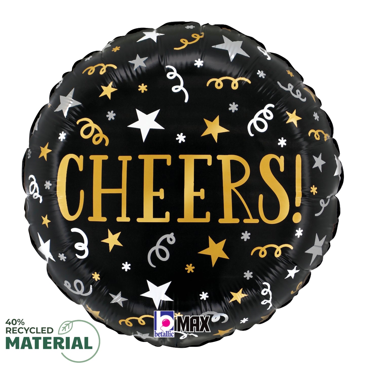 Black round foil balloon with gold "CHEERS!" text, decorated with gold and white stars and streamers.