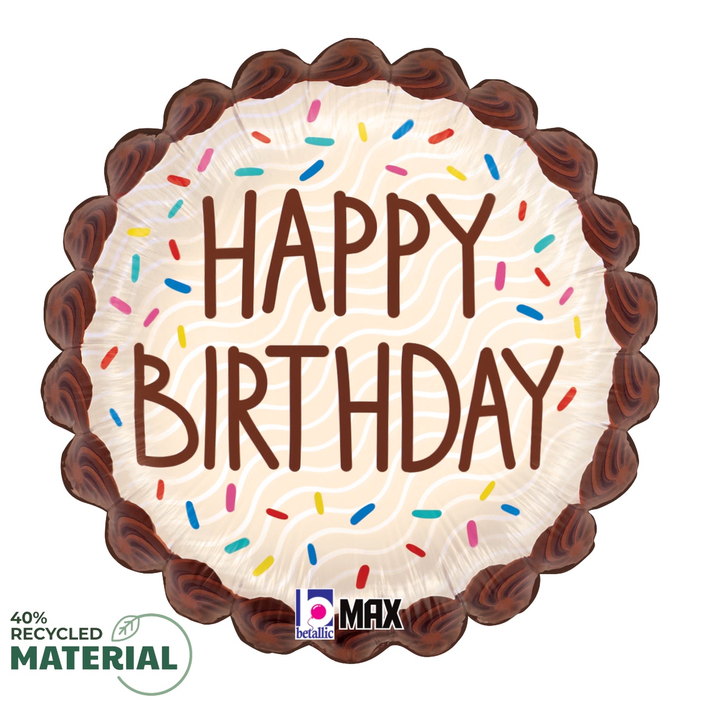18-inch round foil birthday balloon with scalloped chocolate brown edges, white center, colorful sprinkles, and "Happy.