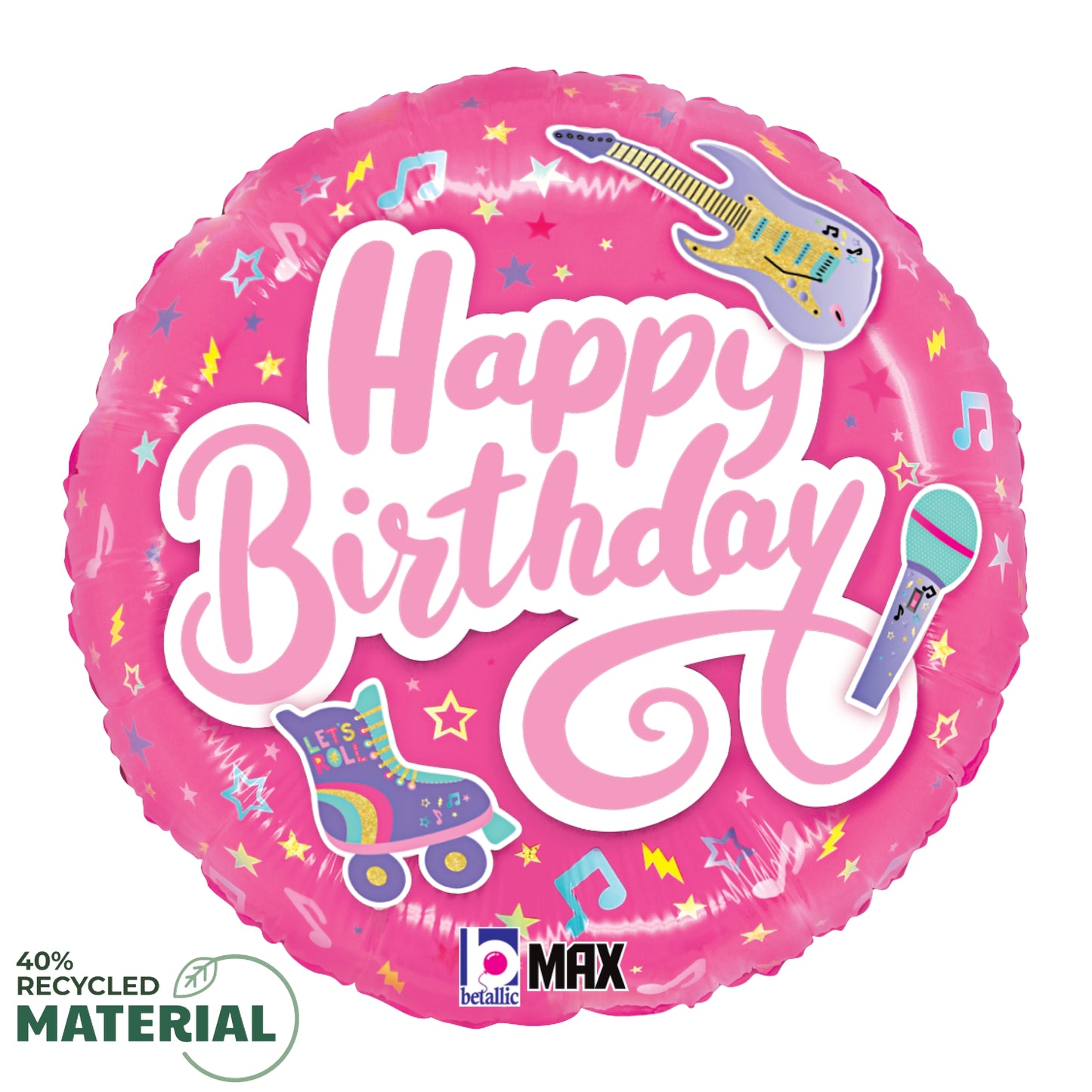 Round pink foil balloon with "Happy Birthday" in white script, decorated with guitar, roller skate, and microphone graphics.