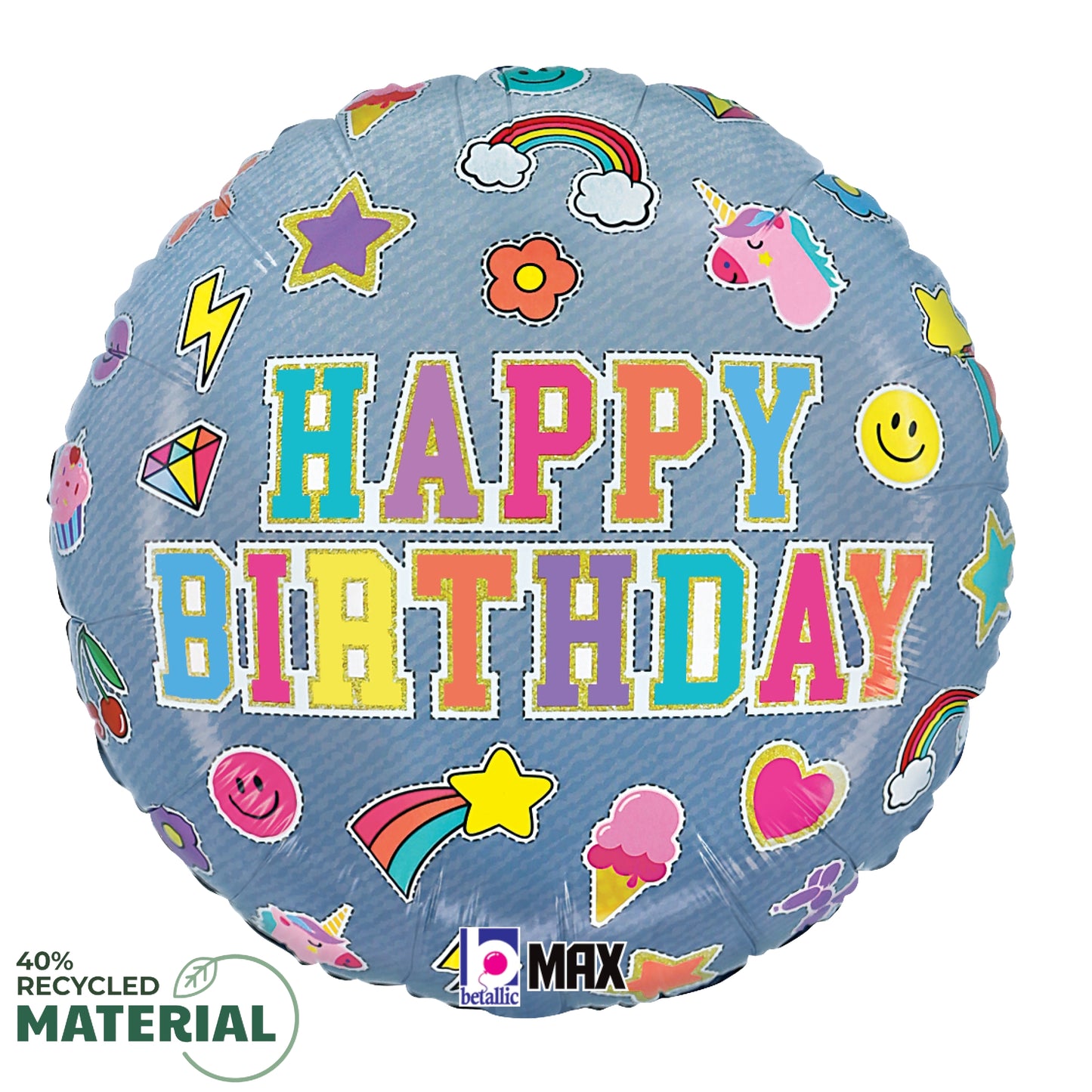 18-inch round silver foil balloon with colorful birthday patches and "Happy Birthday" text.
