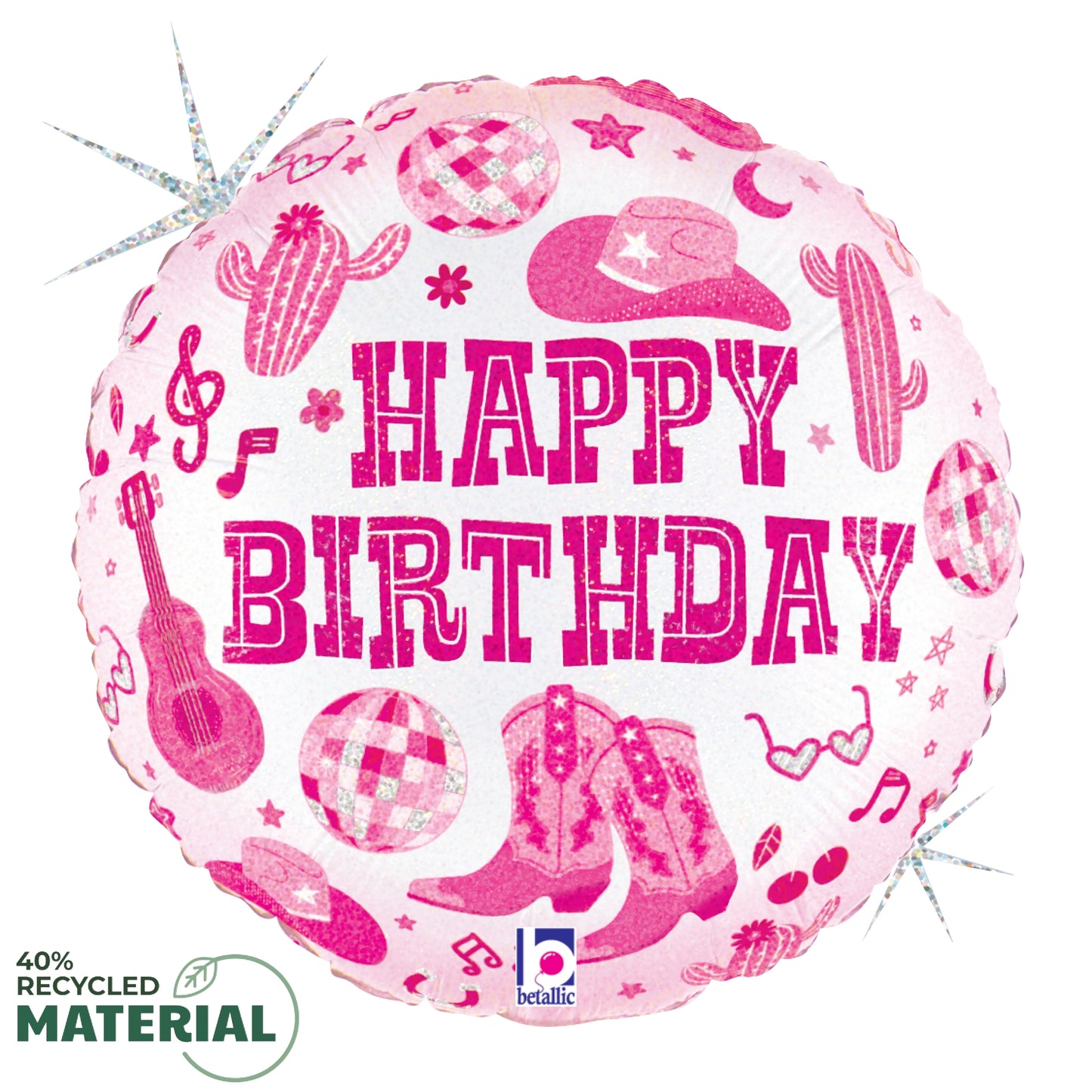 Round pink foil balloon with glitter and holographic accents, featuring disco cowgirl theme icons and "Happy Birthday" text.