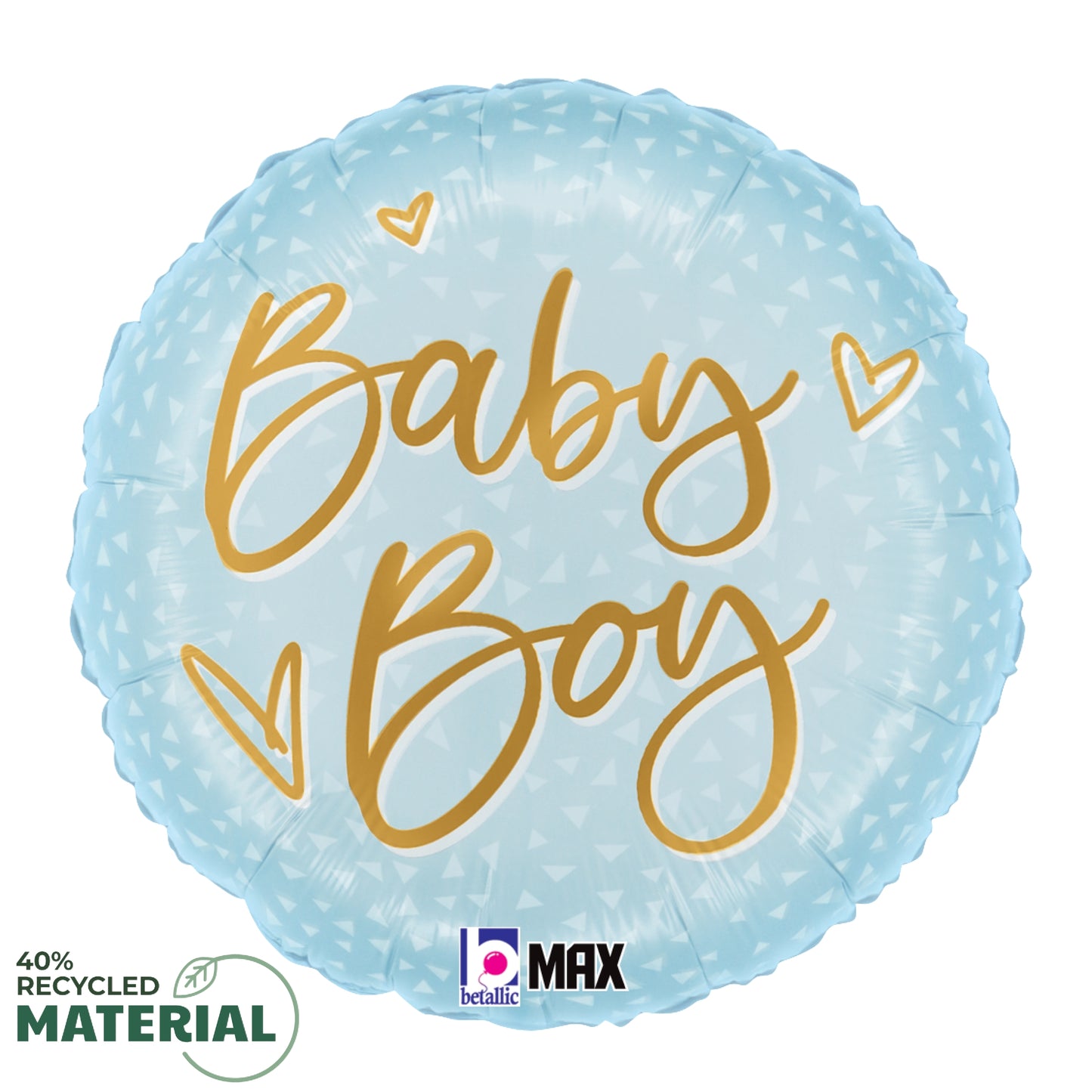 Light blue round foil balloon with gold satin script reading "Baby Boy" and small gold hearts scattered around the text.
