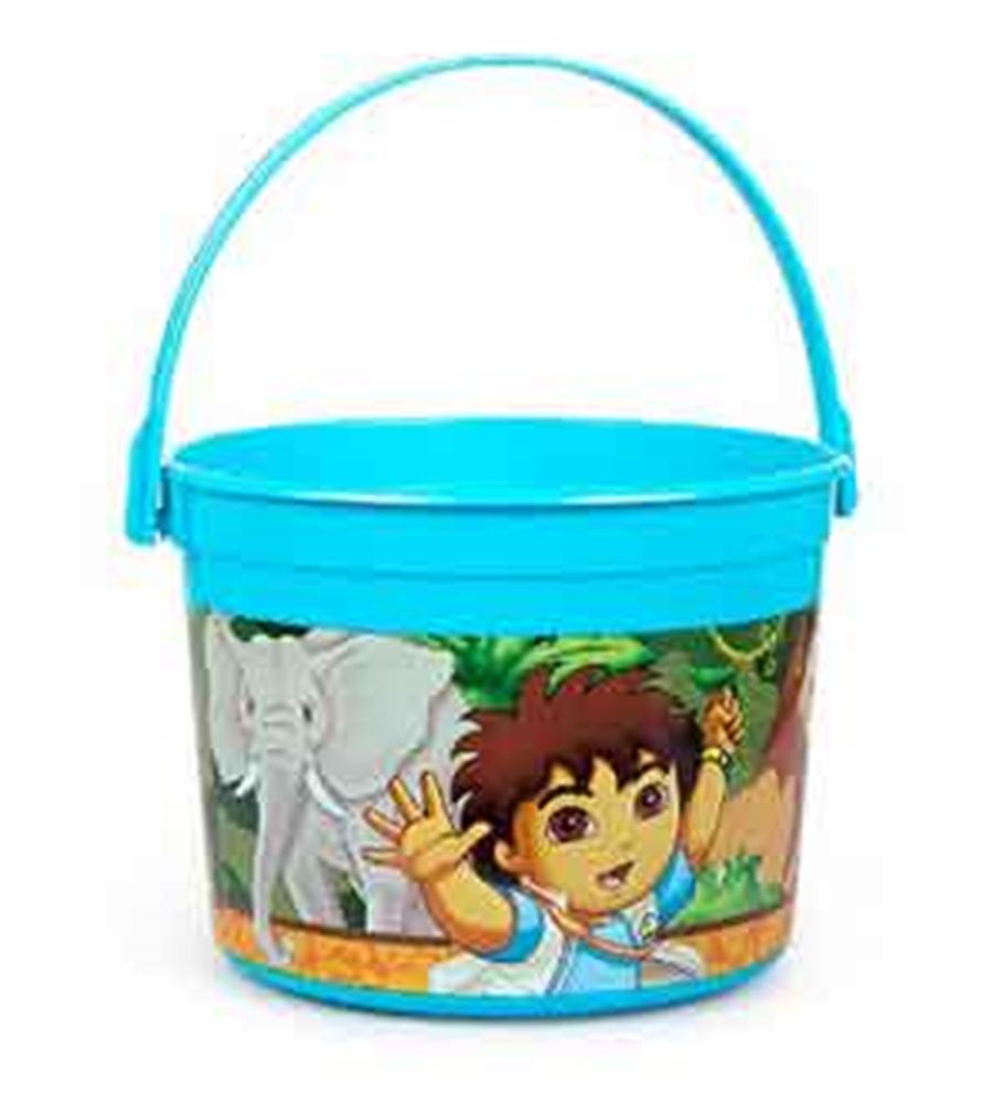 Bright blue plastic bucket with handle featuring a cartoon boy and elephant in a jungle scene.