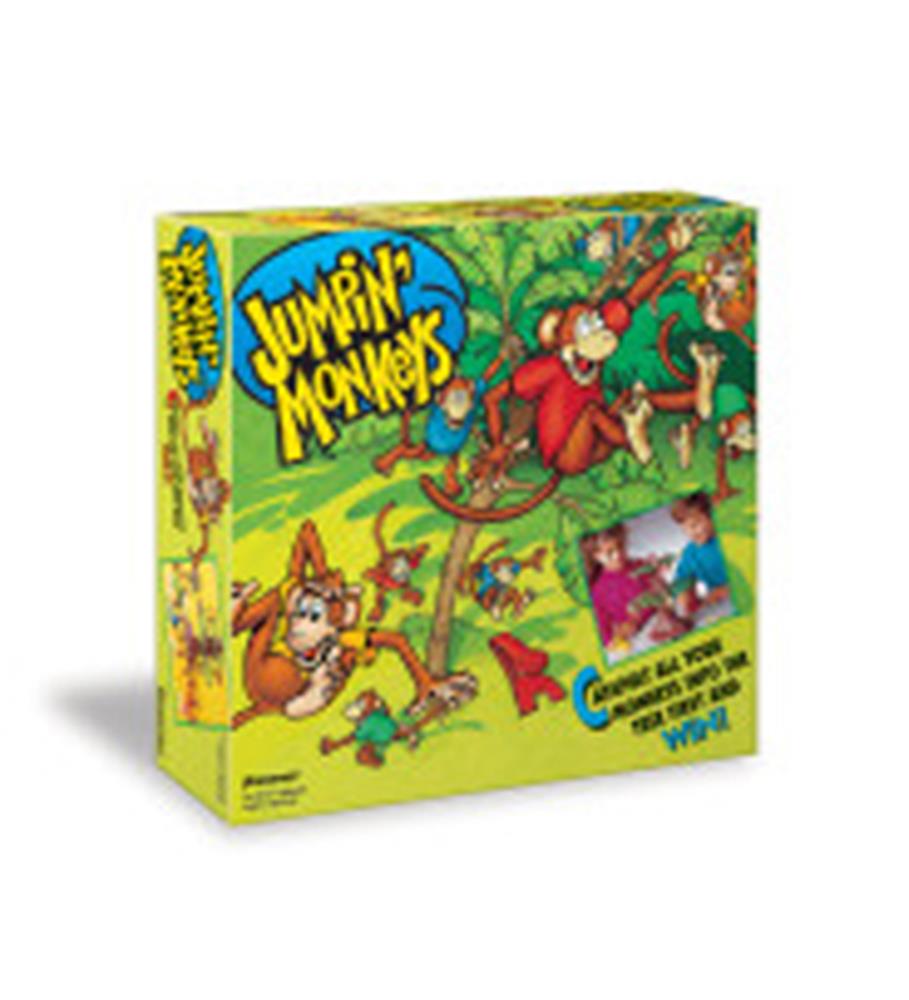 Bright yellow Jumpin' Monkeys game box featuring cartoon monkeys and red plastic monkey toy included for party play.