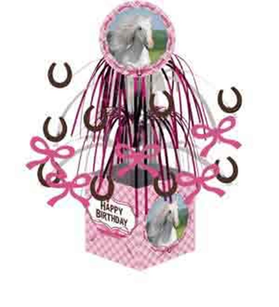 Pink and black ribbon centerpiece with horse images, horseshoes, bows, and a "Happy Birthday" sign.