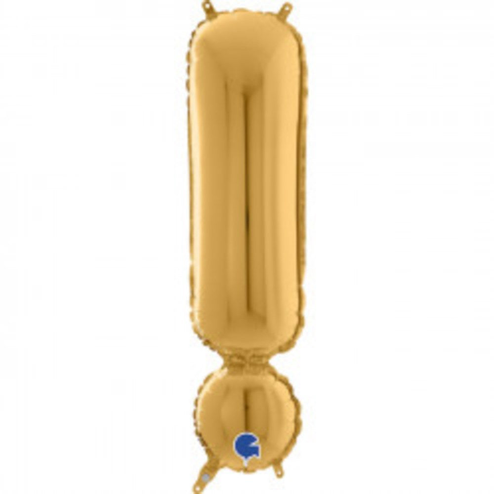 26-inch gold foil balloon shaped like an exclamation mark with shiny surface.