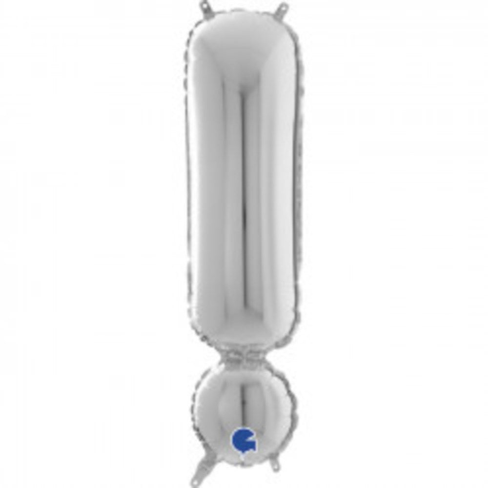 26-inch silver foil balloon shaped like an exclamation mark with a shiny metallic finish.