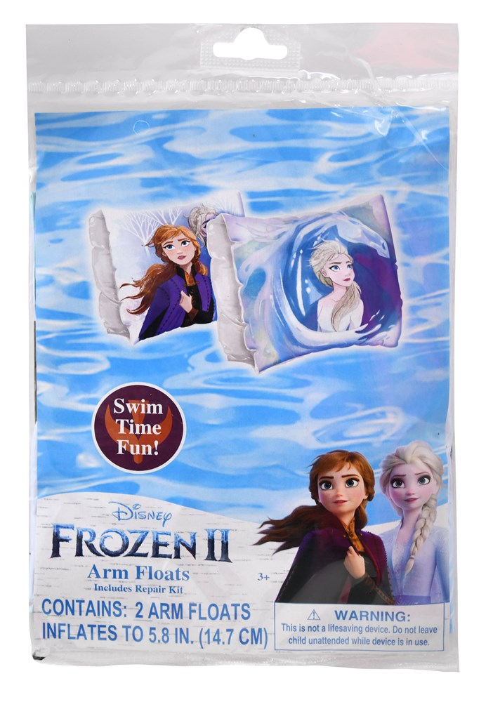 Frozen 2-themed translucent blue inflatable arm floaties featuring Anna and Elsa portraits in polybag packaging.