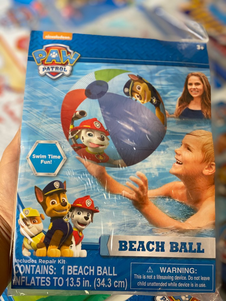 20-inch inflatable beach ball with multi-colored panels featuring Paw Patrol characters Marshall and Chase on the front.