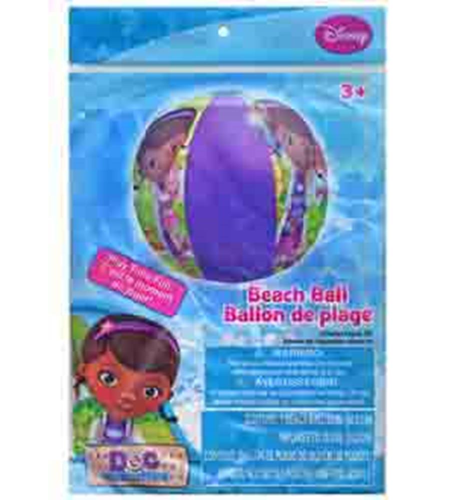 20-inch inflatable beach ball with purple and multicolor Doc McStuffins panels in branded packaging.