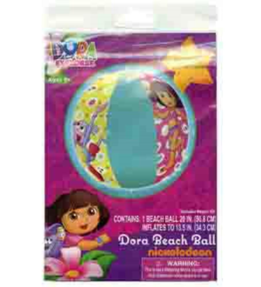20-inch inflatable beach ball with colorful Dora the Explorer design and cartoon characters on plastic panels.
