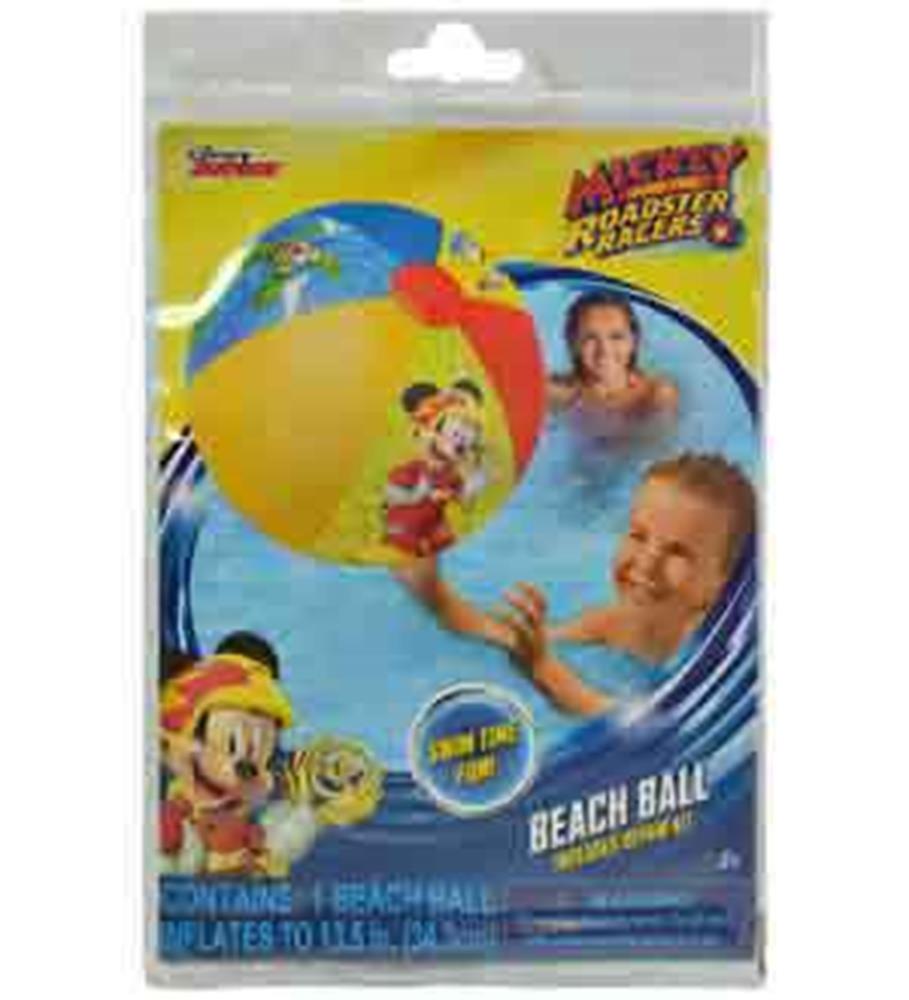 Colorful inflatable beach ball featuring Mickey Mouse and Roadster Racers design on yellow, red, and blue sections.