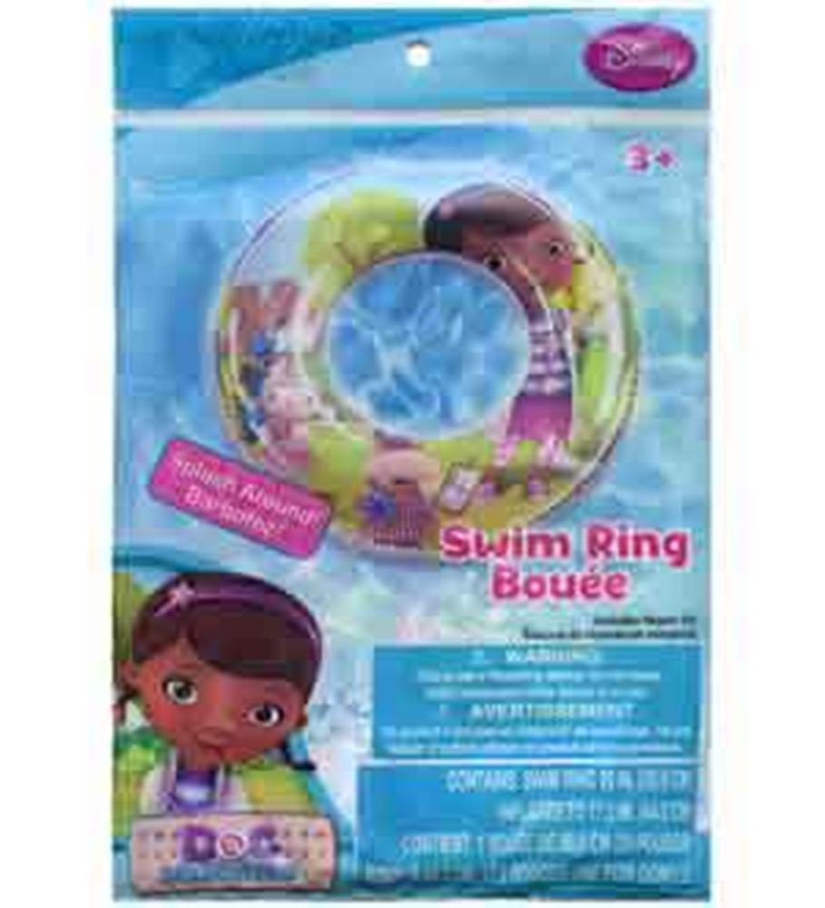 Round inflatable swim ring featuring colorful Doc Mcstuffins and friends, primarily blue with playful character.