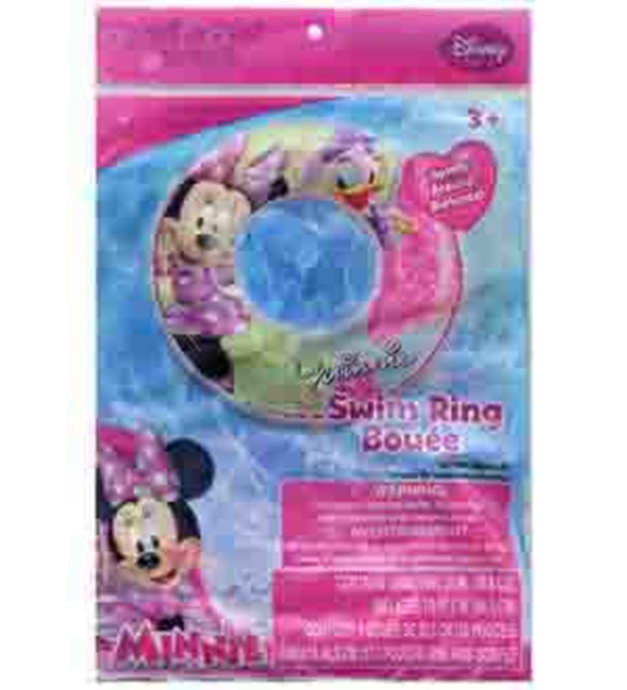 Pink inflatable swim ring featuring Minnie Mouse ears with a white polka dot bow design.