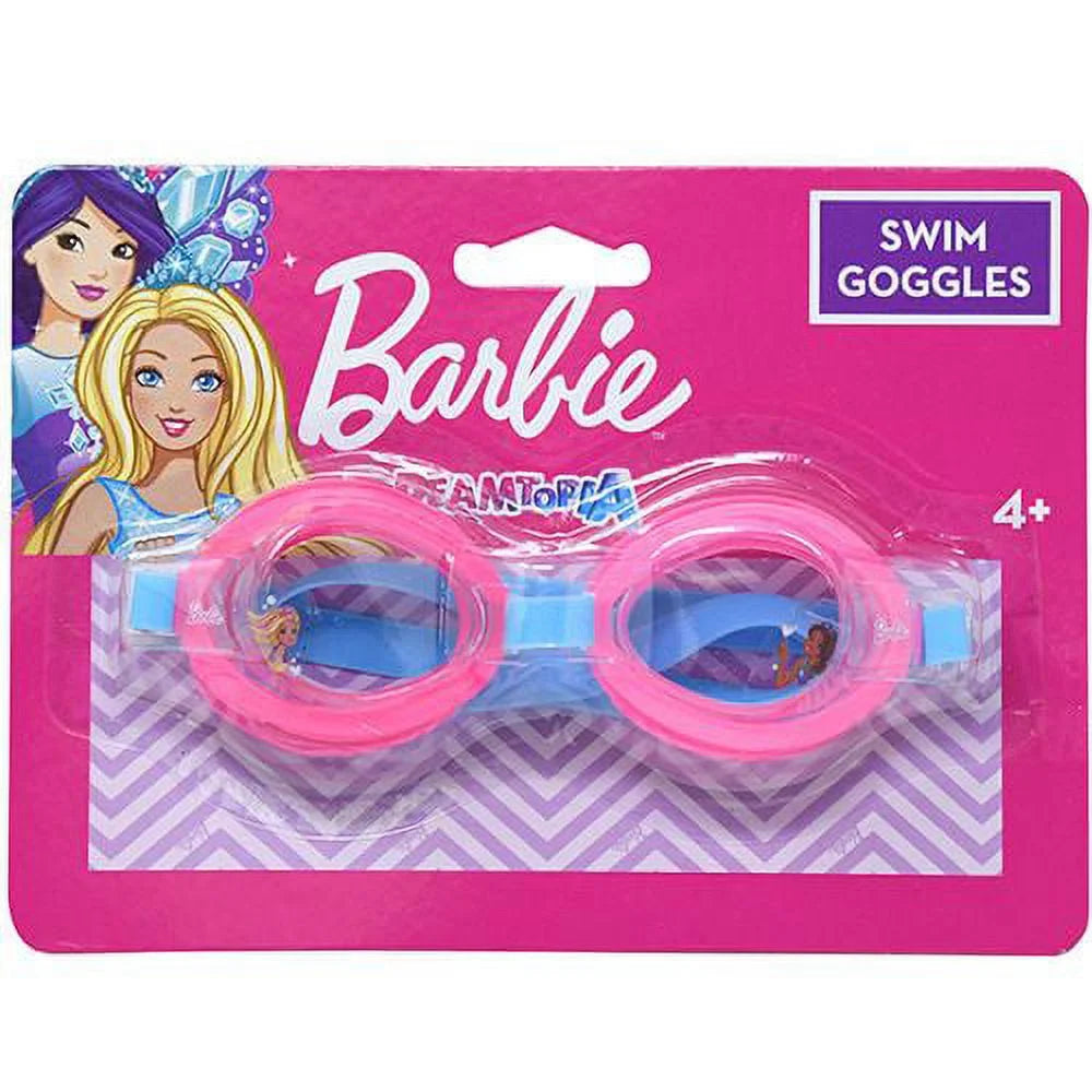 Pink and blue Barbie swim goggles with clear lenses on a pink branded backing card.