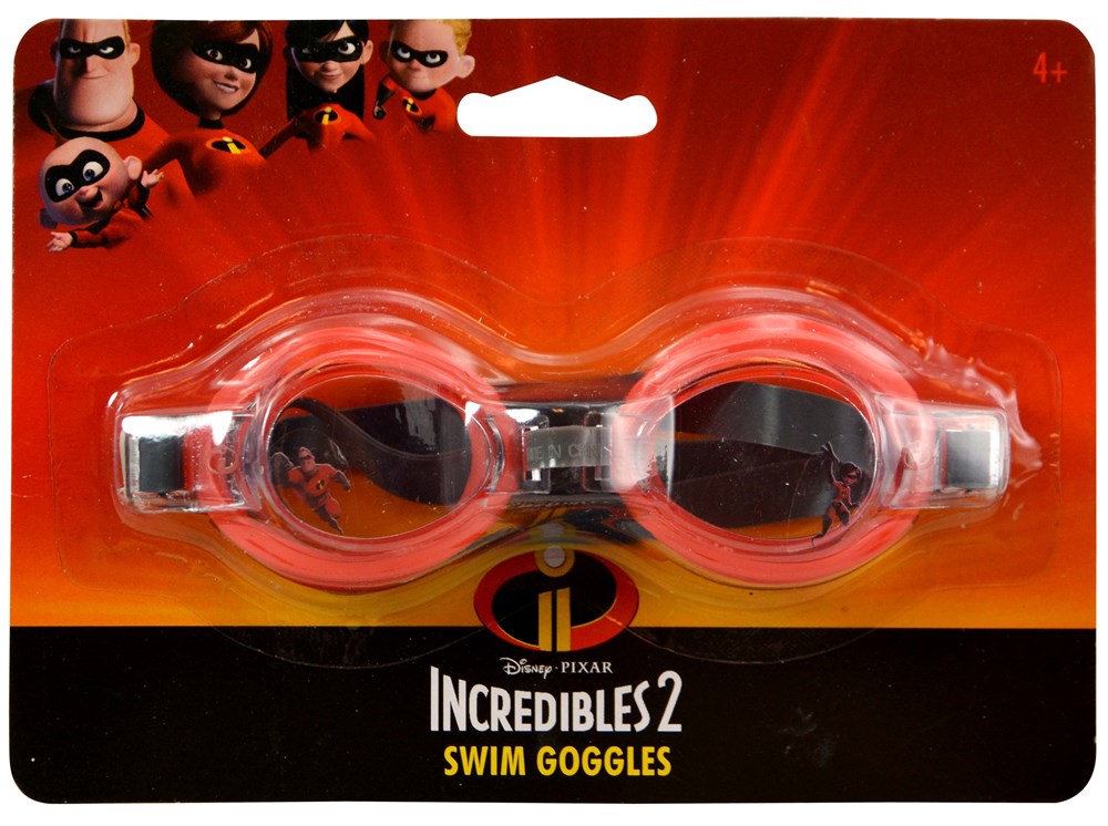 Red swim goggles with black tinted lenses and adjustable strap, themed with The Incredibles 2 logo on packaging.