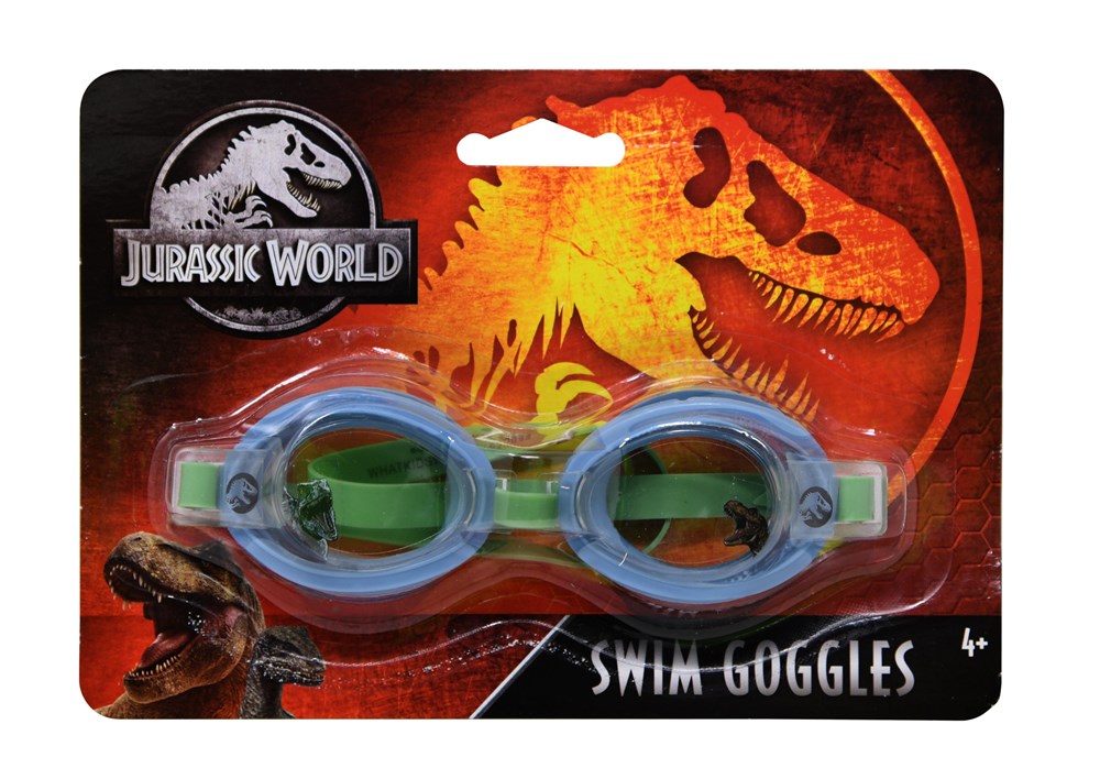 Blue and green children's swim goggles with Jurassic World logo on red dinosaur-themed packaging.