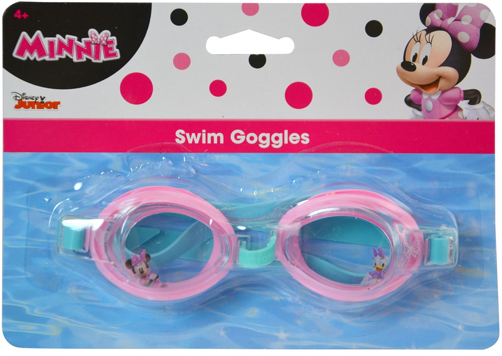 Pink and purple kids swim goggles with Minnie Mouse design on lenses and adjustable white strap.