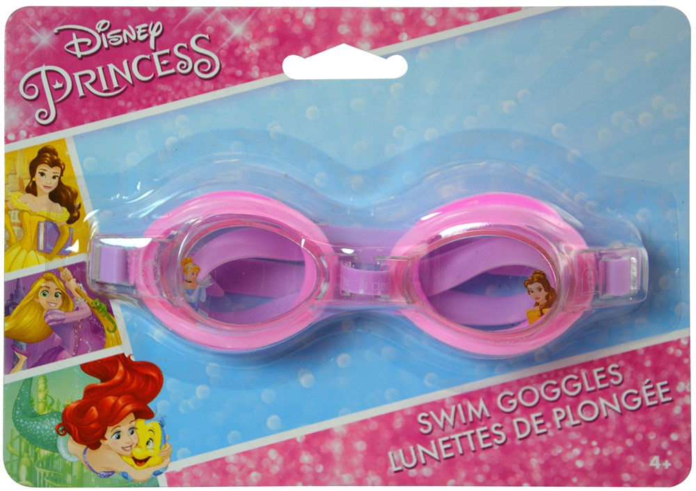 Pink swim goggles with an adjustable strap featuring Disney princess graphics on the lenses and sides.