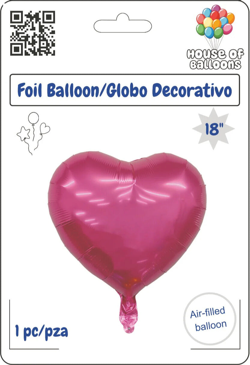 Fuchsia pink heart-shaped foil balloon with 18-inch diameter, air-filled, packaged flat.