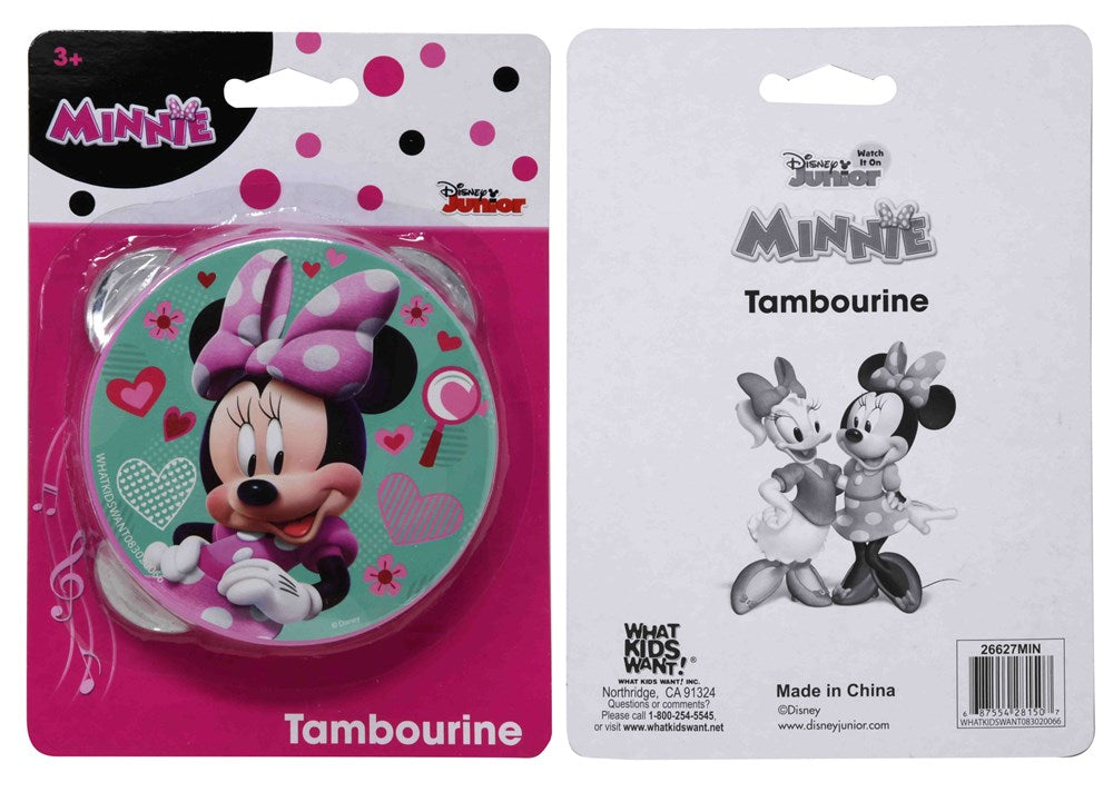 Round tambourine with a bright teal surface featuring Minnie Mouse wearing a pink polka dot bow, decorated with pink hearts.