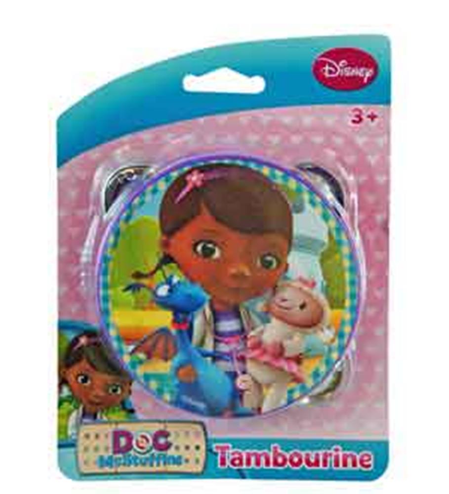 Round tambourine with colorful frame featuring Doc McStuffins and friends, jingles along edge.